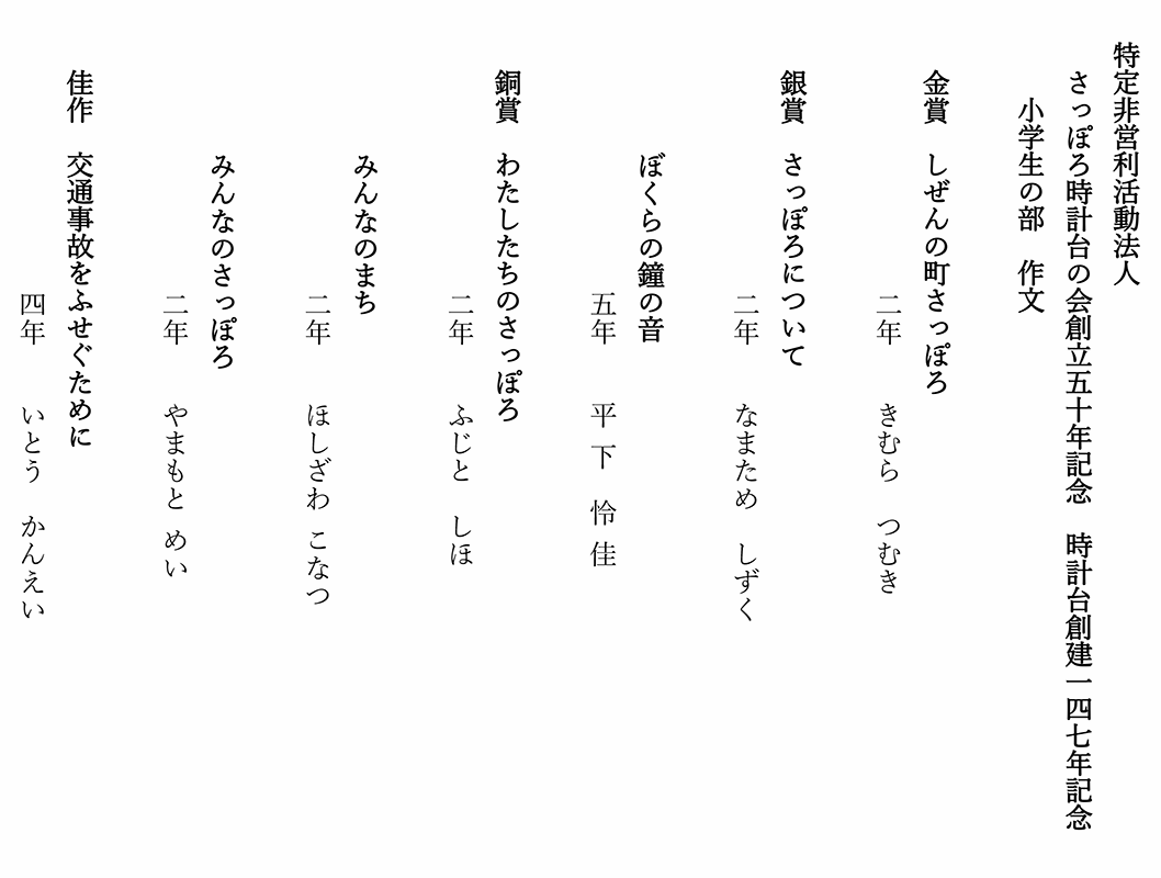 特定非営利活動法人 さっぽろ時計台の会創立五十年記念 時計台創建一四七年記念 小学生の部 作文 金賞:「しぜんの町さっぽろ」二年 きむら つむき 銀賞:「さっぽろについて」二年 なまため しずく 「ぼくらの鐘の音」五年 平下 怜佳 銅賞:「わたしたちのさっぽろ」二年 ふじと しほ 「みんなのまち」二年 やまもと めい 「みんなのさっぽろ」二年 ほしざわ こなつ 佳作:「交通事故をふせぐために」四年 いとう かんえい